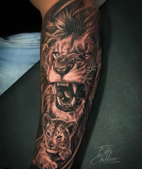 Black and Grey Roaring Lion with Cub Forearm Tattoo
