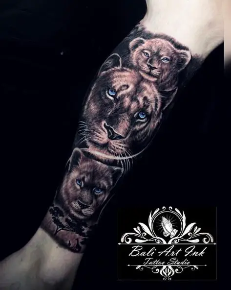 Lioness and Cubs with Blue Eyes Leg Sleeve Tattoo