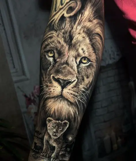 Black and Grey Lion with Cub Forearm Tattoo