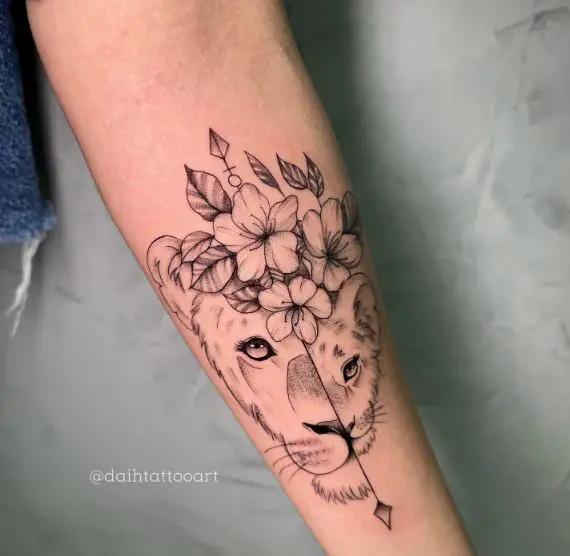 Half Lioness Head Half Cub Head, with Flowers Forearm Tattoo