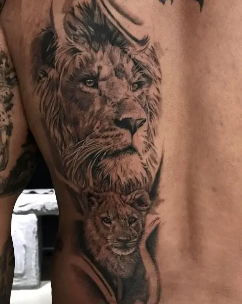 Black and Grey Lion with Cub Back Tattoo