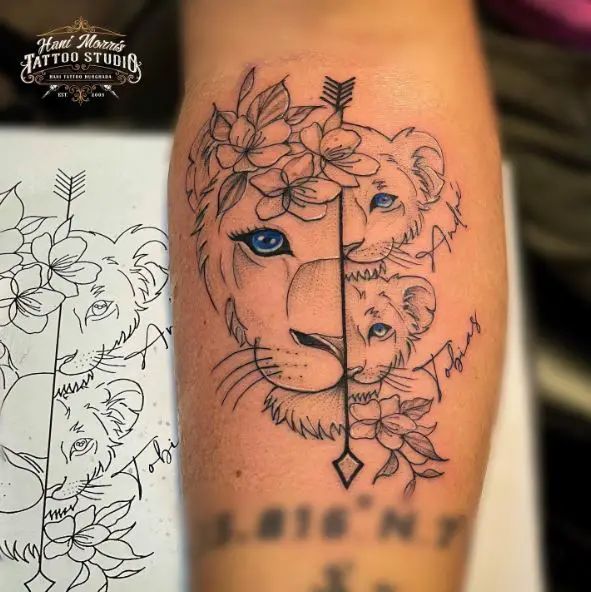 Flowers, and Lioness with Cubs Forearm Tattoo
