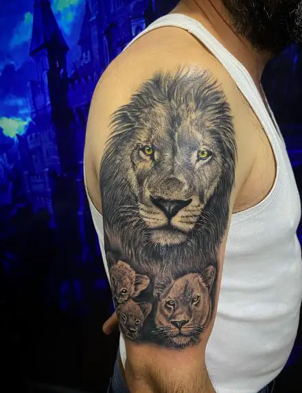 Black and Grey Lion Family Arm Tattoo