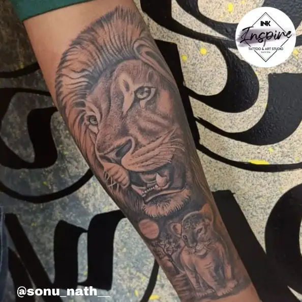 Black and Grey Lion with Cub Forearm Tattoo
