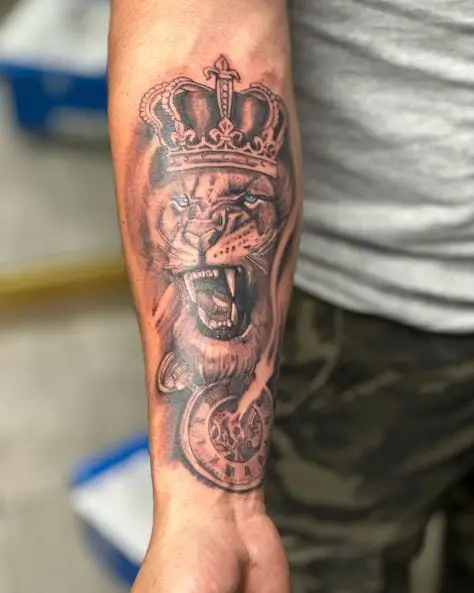 Clock, and Roaring Lion with Crown Forearm Tattoo