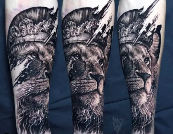 Black and Grey Lion with Crown Forearm Tattoo
