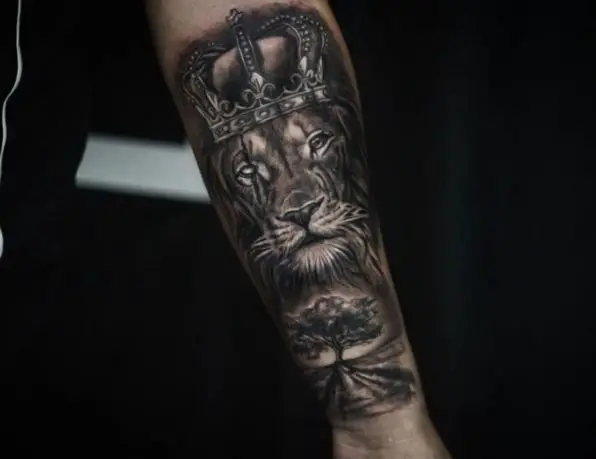 Black and Grey Tree, and Lion with Crown Forearm Tattoo