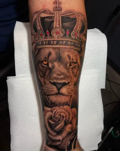 Rose and Lion with Crown Forearm Tattoo