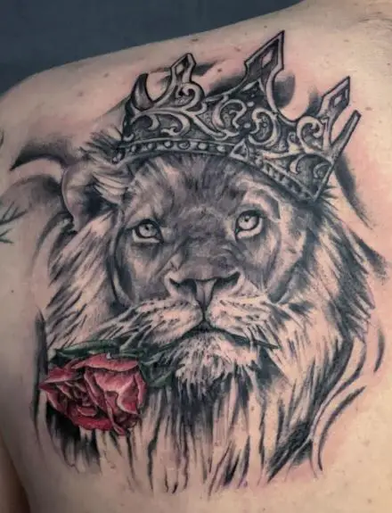 Red Rose and Lion with Crown Back Tattoo
