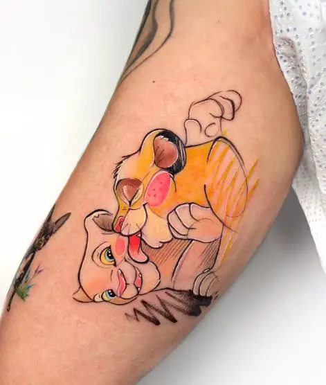 Colored Little Nala and Simba Inner Biceps Tattoo