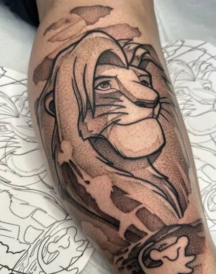 Black and Grey Shaded Simba Leg Tattoo