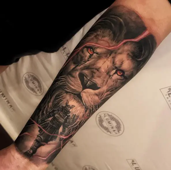 Samurai Warrior and Lion Forearm Tattoo