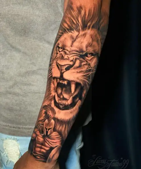 Spartan Warrior and Lion Forearm Tattoo