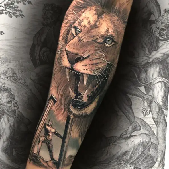 Colored Hercules and Lion Forearm Tattoo