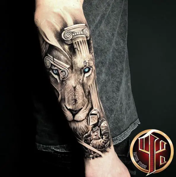 Black and Grey Knight and Lion Forearm Tattoo