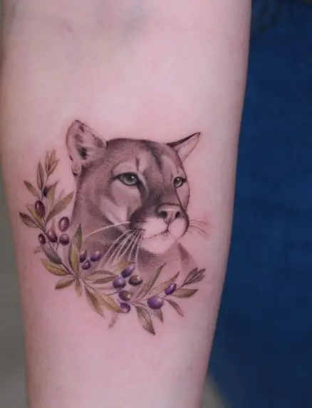 Olive Branches and Mountain Lion Forearm Tattoo