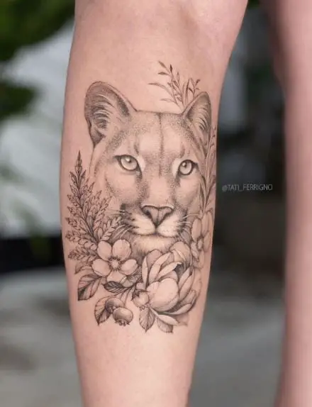 Flowers and Mountain Lion Forearm Tattoo