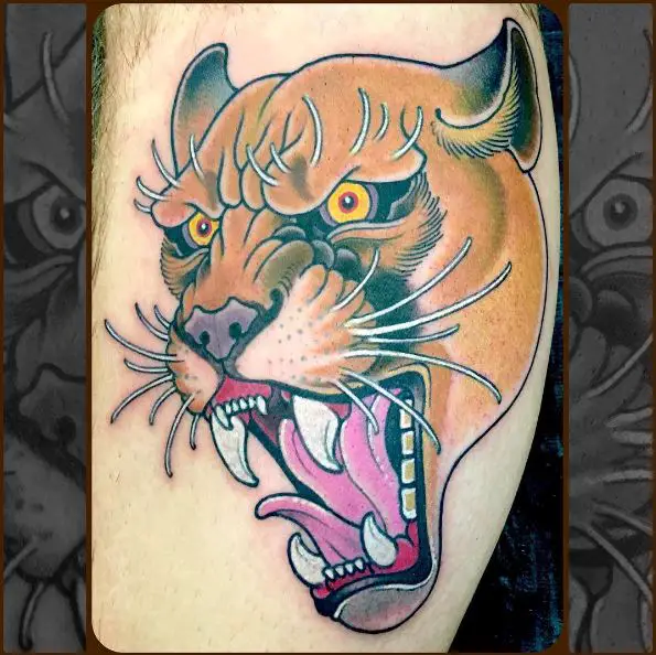 Colorful Roaring Mountain Lion Leg Tattoo