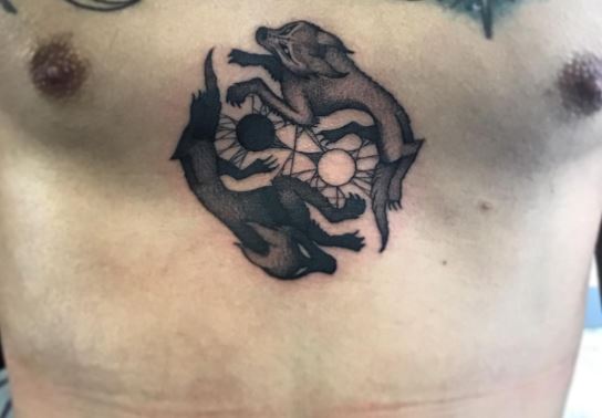 Black and Grey Twin Wolf Chest Tattoo