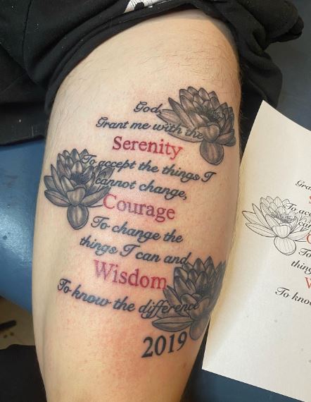 Grayscale Triple Flowers with Serenity Prayer Tattoo