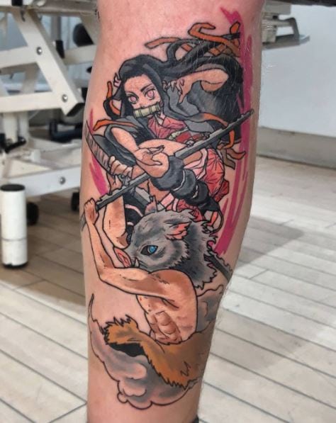 Nezuko Kamado & Inusoke Demon Slayer Half Leg Sleeve Tattoo