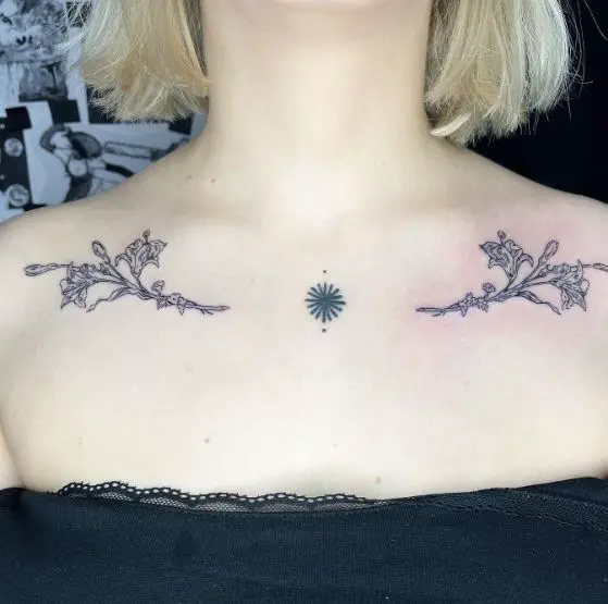 Black and Grey Floral Collarbone Tattoo