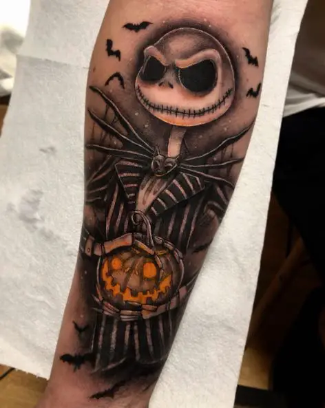Bats and Jack Skellington with Pumpkin Forearm Tattoo