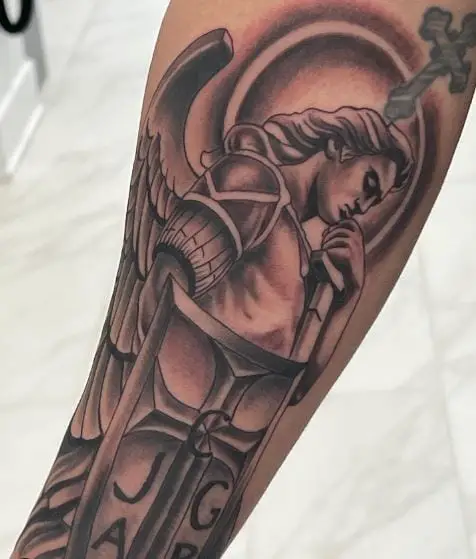 Black and Grey Saint Michael with Shield and Sword Tattoo