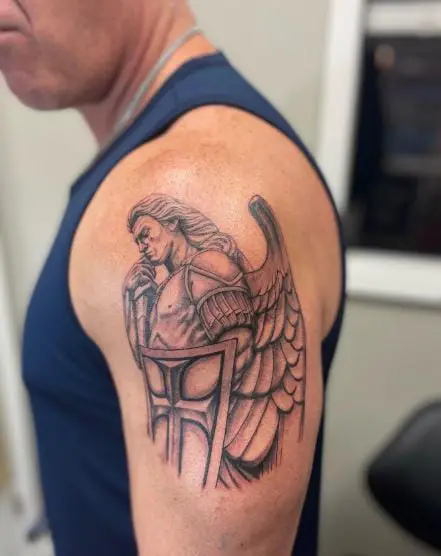 Black and Grey Saint Michael with Shield and Sword Arm Tattoo
