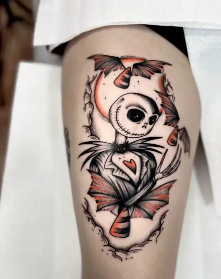 Colored Bats and Jack Skellington with Heart Leg Tattoo