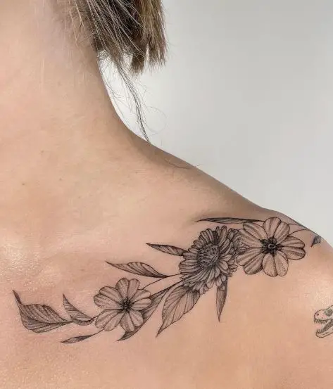 Black and Grey Shaded Flowers Collarbone Tattoo
