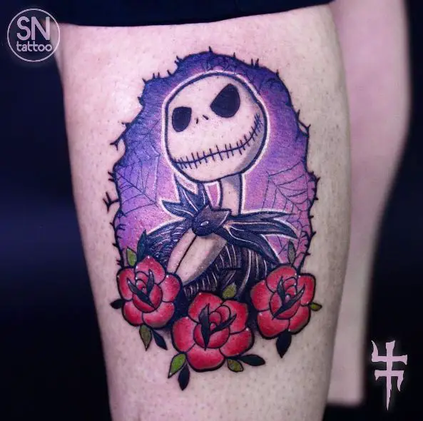 Colorful Jack Skellington with Roses Leg Tattoo