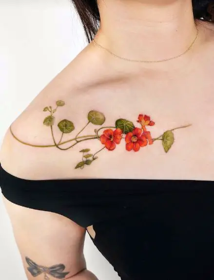 Realistic Red Flowers Collarbone Tattoo