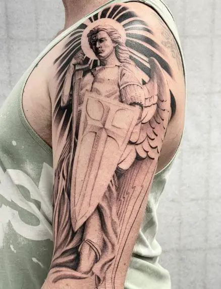 Black and Grey Saint Michael with Shield and Sword Arm Tattoo