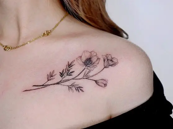 Black and Grey Flowers Collarbone Tattoo