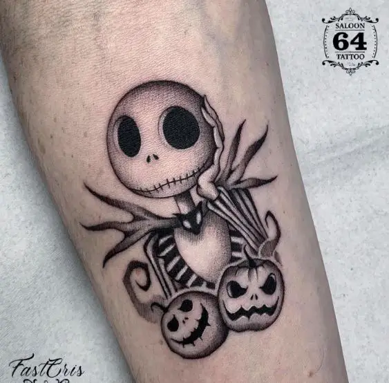 Black and Grey Jack Skellington with Pumpkins Forearm Tattoo