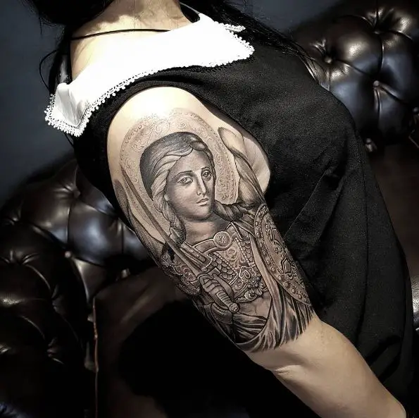 Black and Grey Saint Michael with Halo and Sword Arm Tattoo