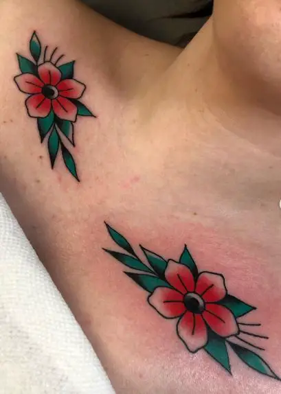 Colorful Traditional Flowers Collarbone Tattoo