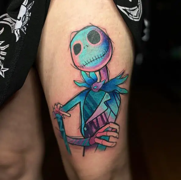 Colorful Jack Skellington with Crossed Arms Thigh Tattoo