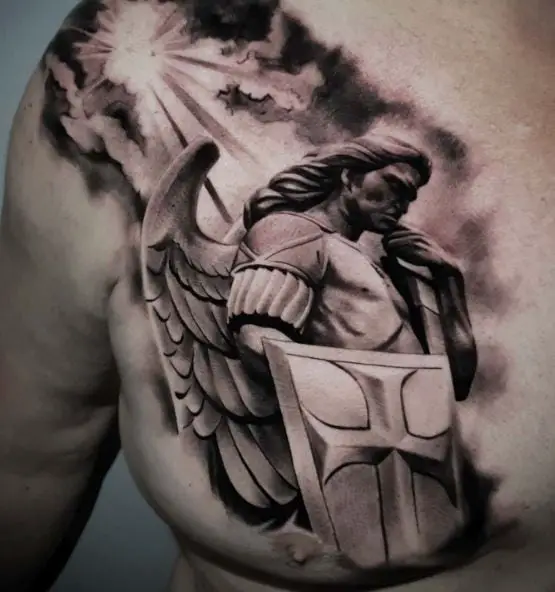 Black and Grey Saint Michael with Wings, Shield and Sword Chest Tattoo
