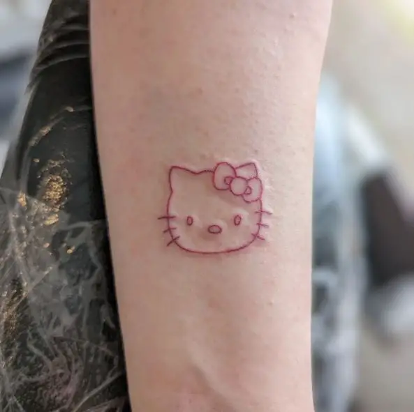 Red Minimalistic Hello Kitty Head Arm Tattoo