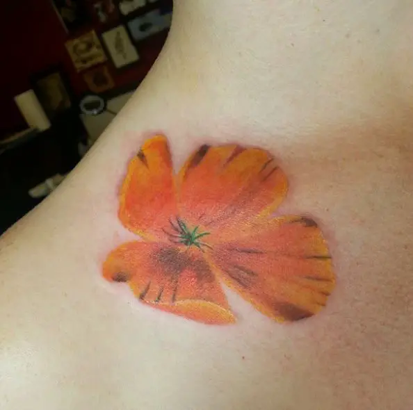 Colorful California Poppy Flower Collarbone Tattoo