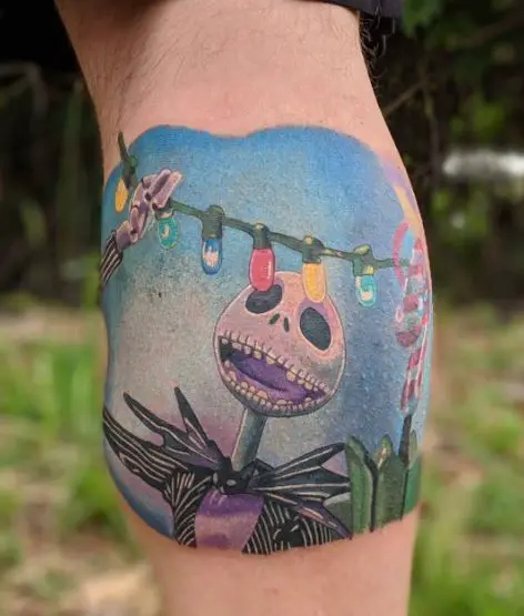 Colorful Party Lights and Jack Skellington Calf Tattoo