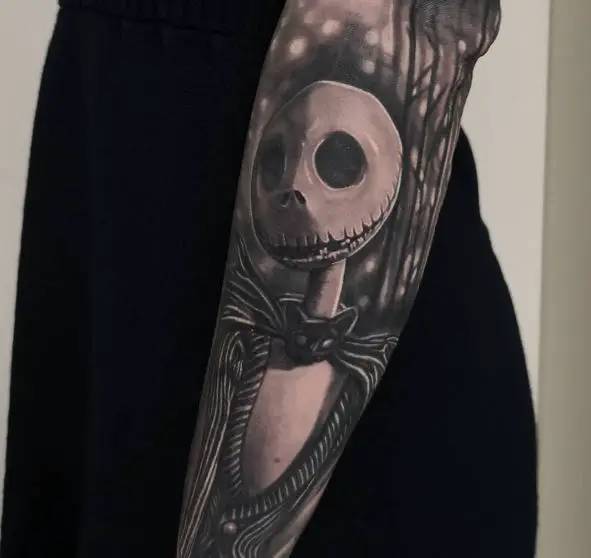 Black and Grey Jack Skellington Forearm Sleeve Tattoo