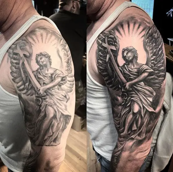 Black and Grey Saint Michael with Cross Tattoo