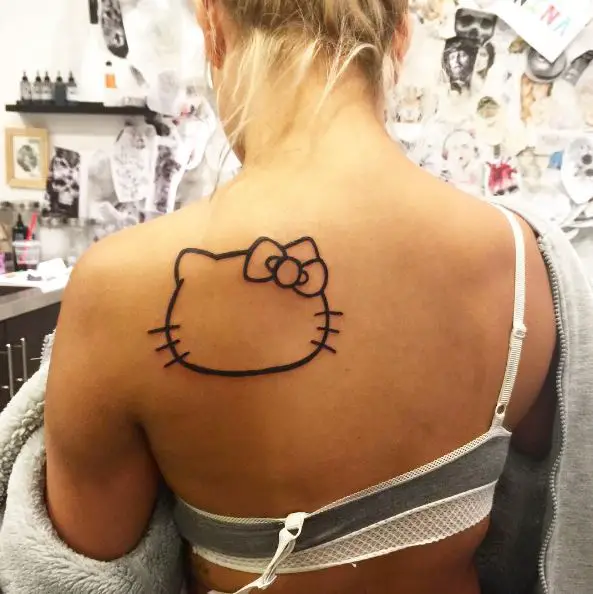 Outlined Hello Kitty Head Back Tattoo