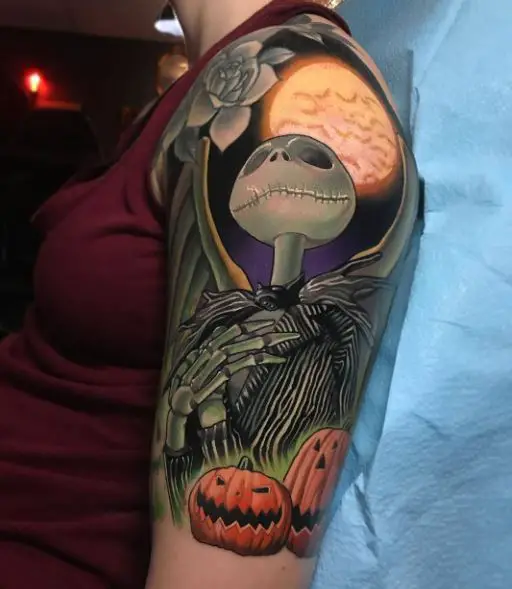 Colorful Moon and Jack Skellington with Pumpkins Arm Tattoo