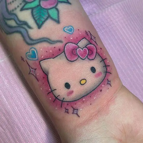 Colorful Stars, Hearts and Hello Kitty Head Wrist Tattoo