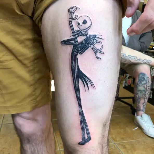 Black and Grey Jack Skellington in Suit Thigh Tattoo