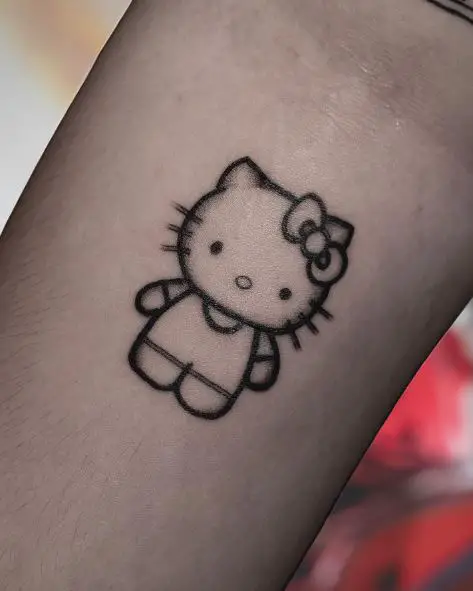 Black Shaded Minimalistic Hello Kitty Arm Tattoo